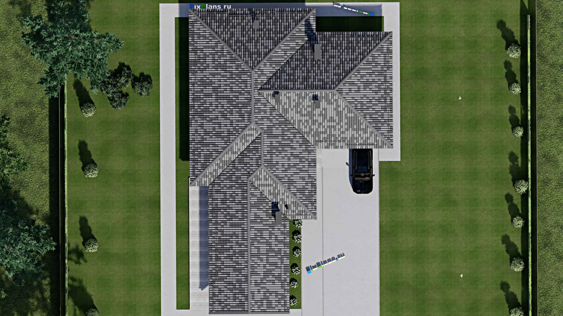 F-9089 - Проект одноэтажного дома 20 на 29, площадью 320 м² с террасой, гаражом на 2 машины и 4 спальнями