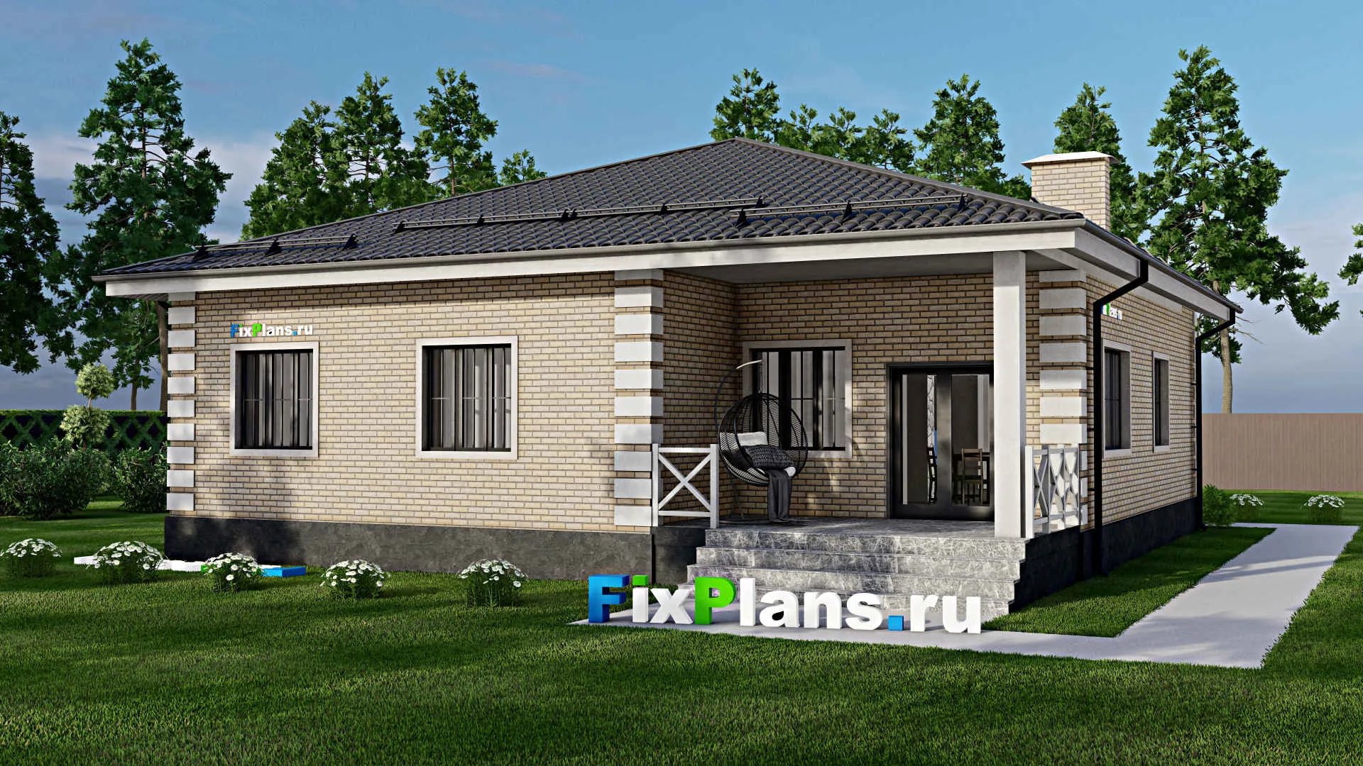 F-2654 - Проект одноэтажного дома 13 на 14, площадью 140 м² с террасой и 3 спальнями