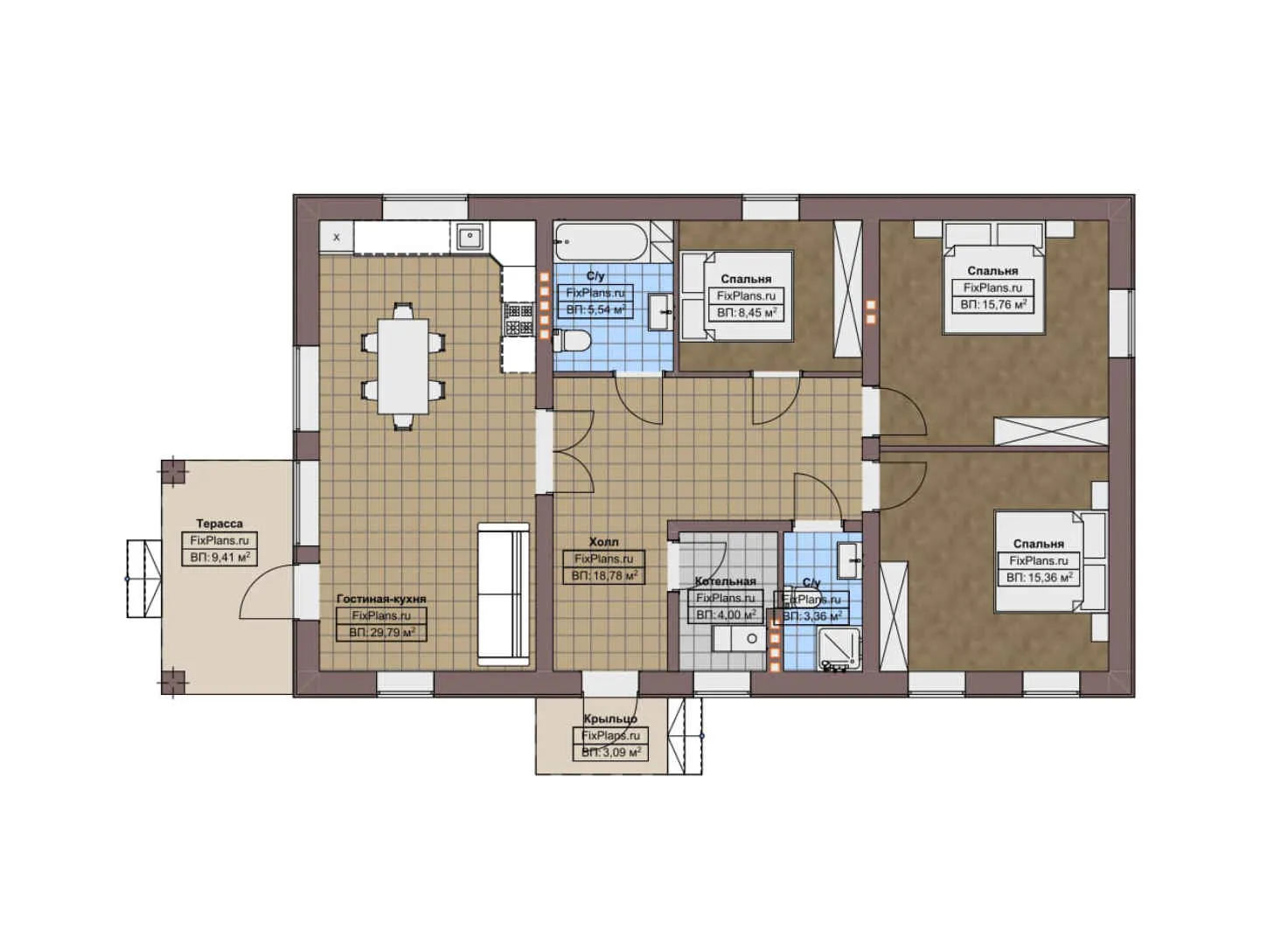 F-6722 - План одноэтажного дома 9 на 17, площадью 120 м² с террасой и 3 спальнями