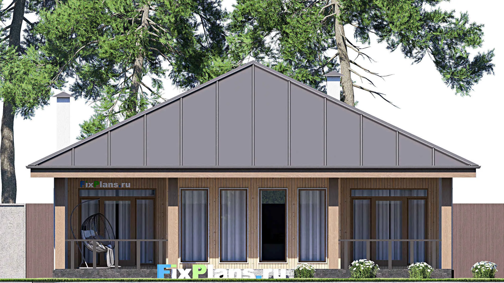 F-17585 - Проект одноэтажного дома 13 на 14, площадью 130 м² с террасой и 3 спальнями