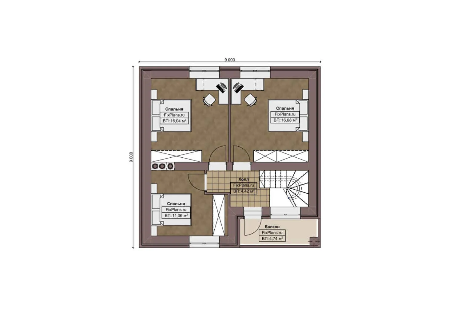 F-5273 - Планы дома с мансардой 9 на 12, площадью 140 м² с террасой, балконом и 3 спальнями