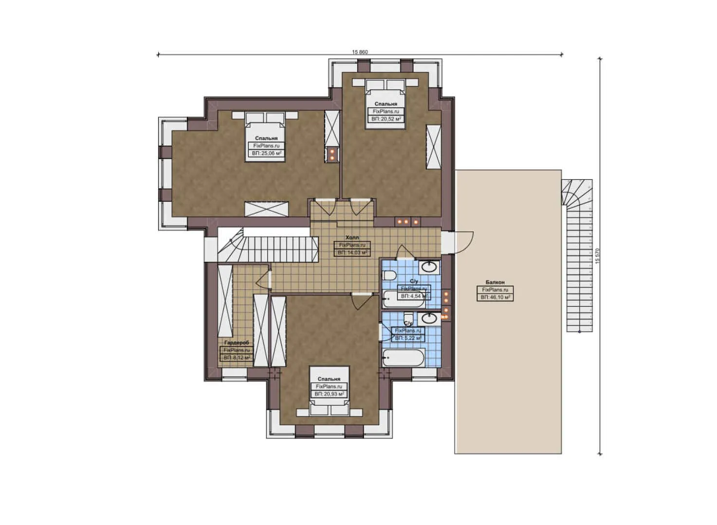 F-12176 - Планы двухэтажного дома 16 на 18, площадью 270 м² с террасой, балконом и 4 спальнями