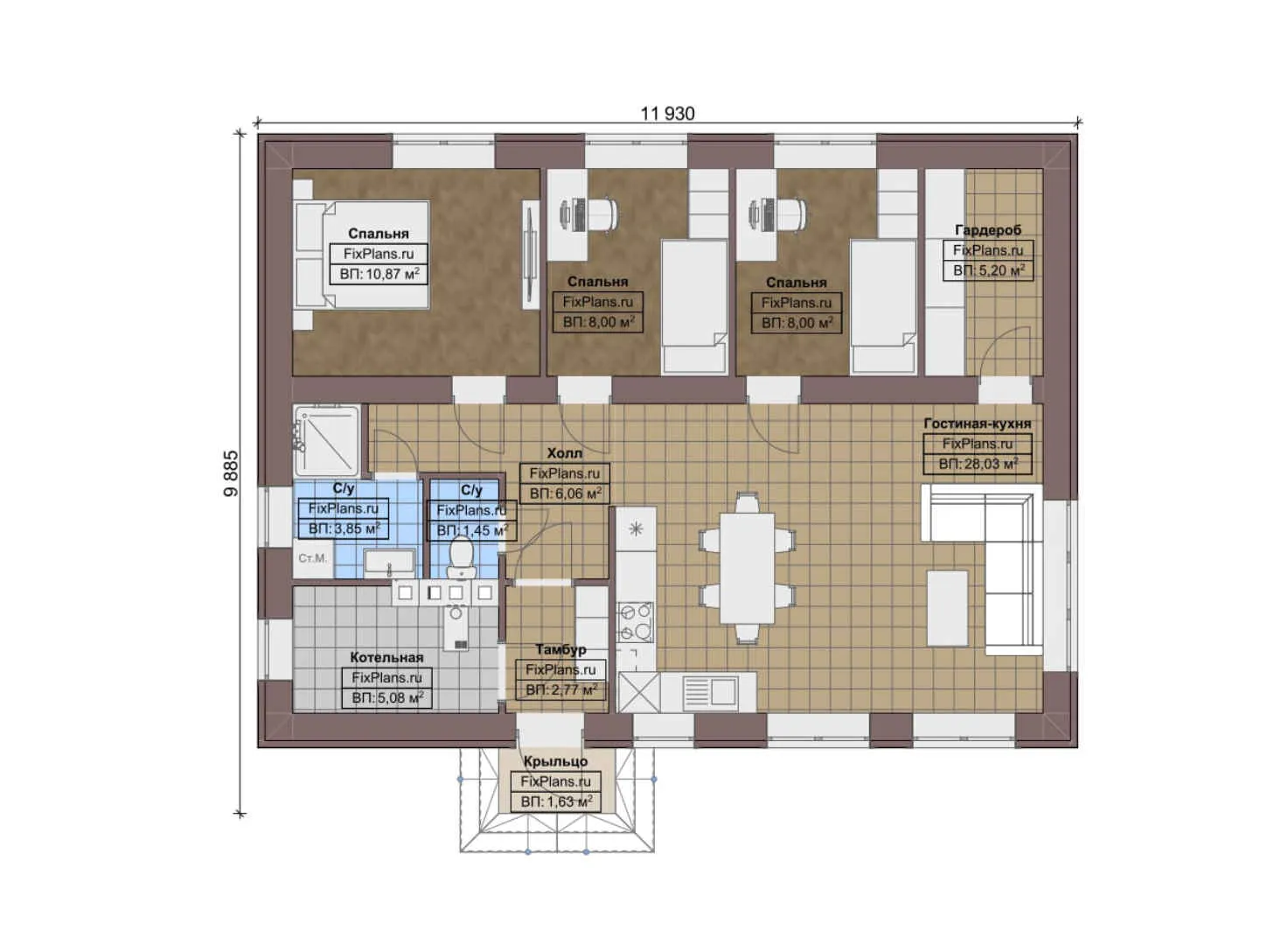 F-7001 - План одноэтажного дома 10 на 12, площадью 90 м² с 3 спальнями