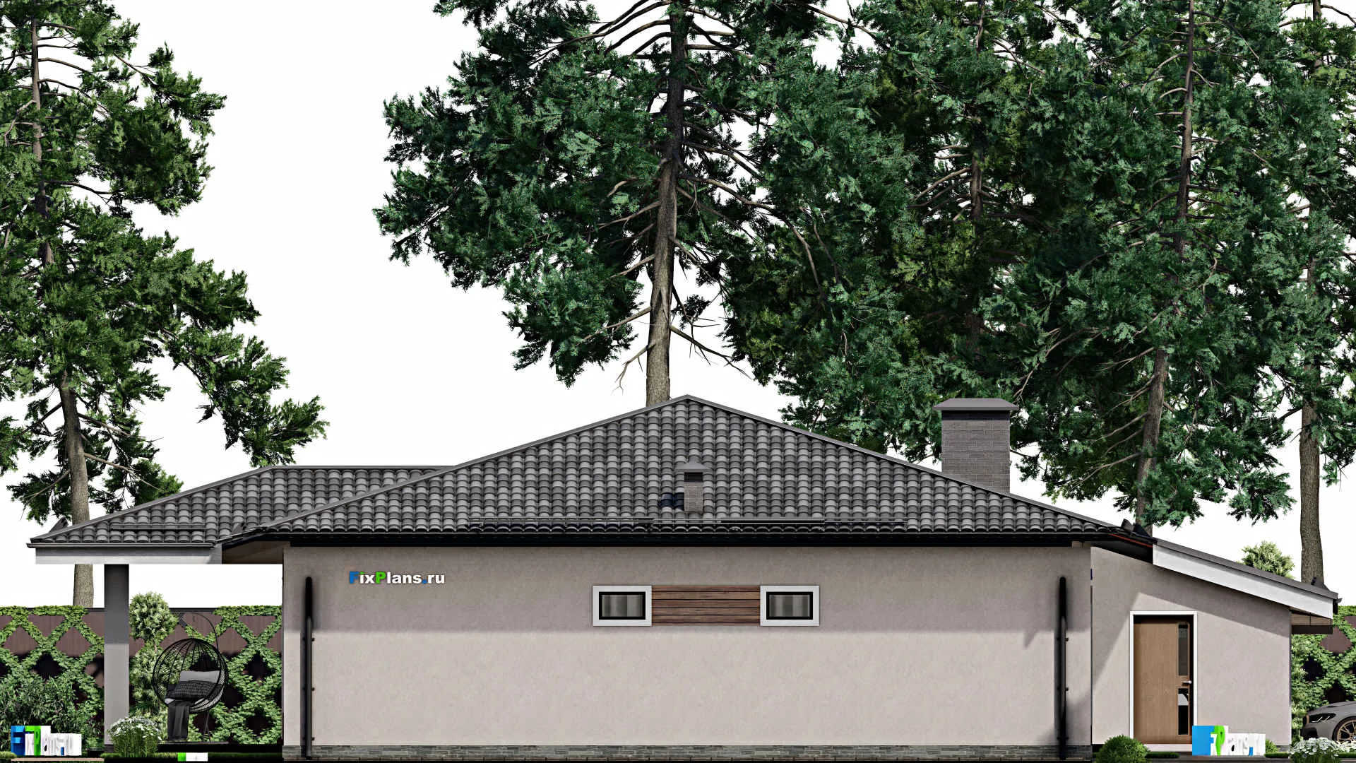 F-10286 - Проект одноэтажного дома 18 на 20, площадью 190 м² с террасой, гаражом на 1 машину и 4 спальнями