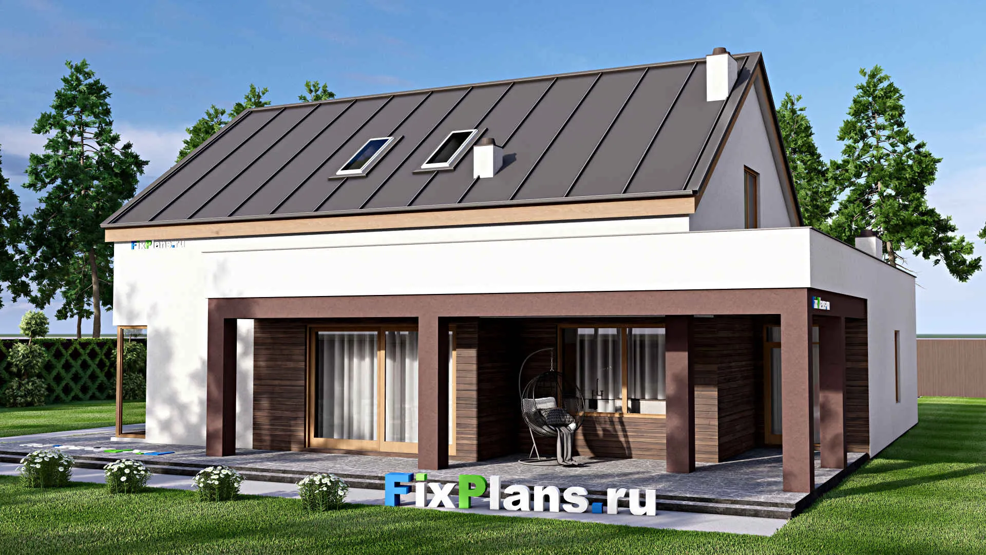 F-16118 - Проект дома с мансардой 18 на 18, площадью 360 м² с террасой, гаражом на 2 машины и 3 спальнями