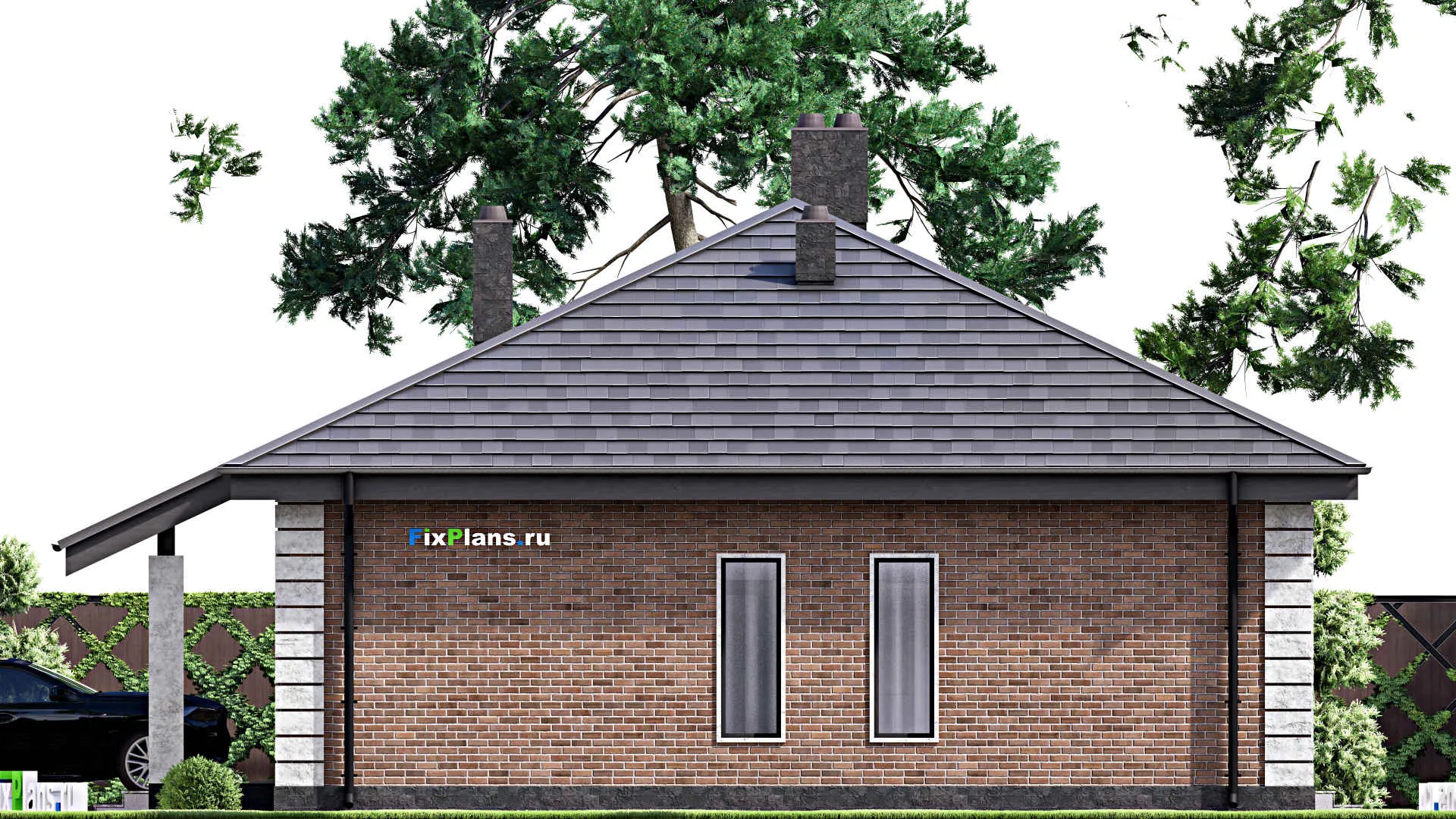 F-14525 - План одноэтажного дома 13 на 17, площадью 150 м² с террасой, гаражом на 2 машины и 2 спальнями