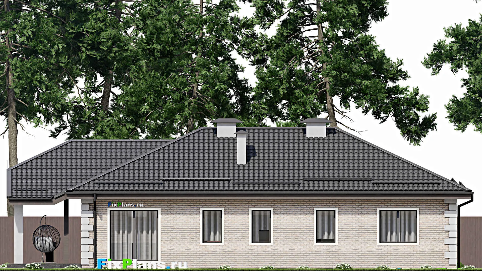 F-5030 - План одноэтажного дома 13 на 17, площадью 190 м² с террасой и 3 спальнями