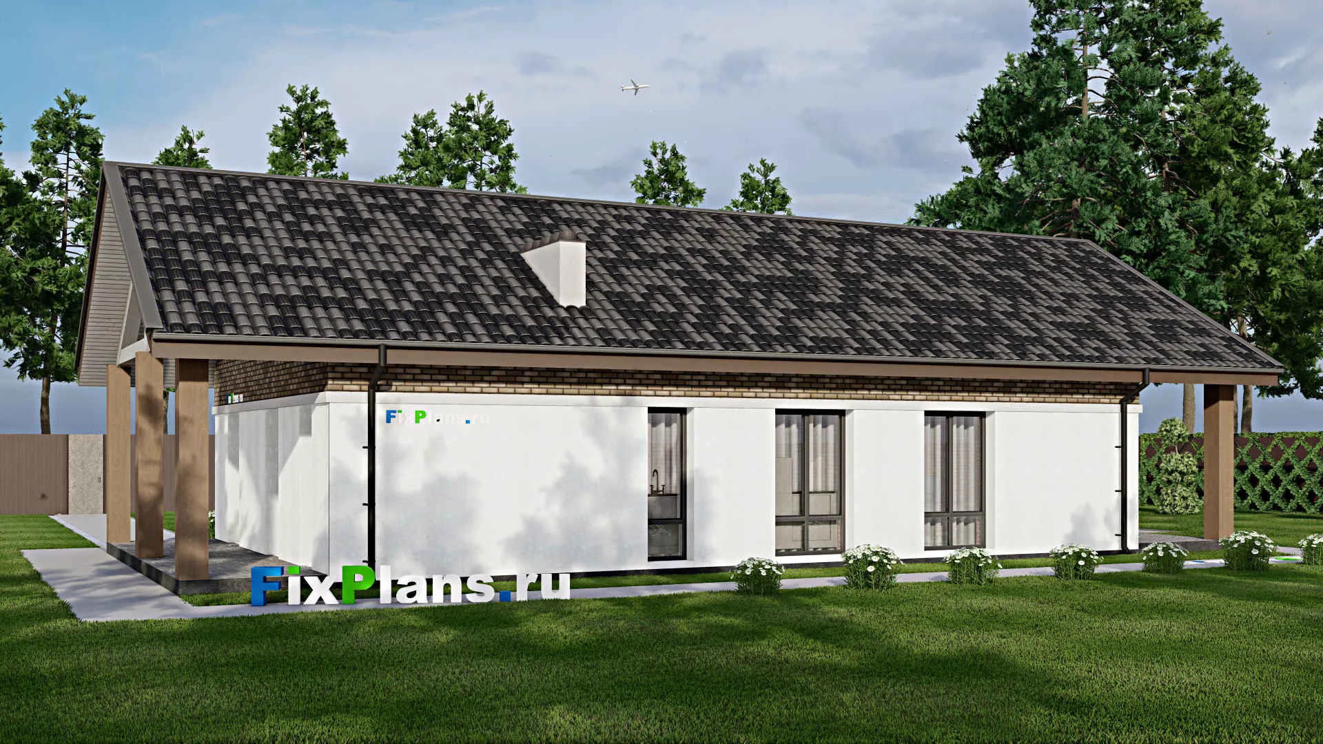 F-7370 - Проект одноэтажного дома 10 на 20, площадью 150 м² с террасой и 4 спальнями