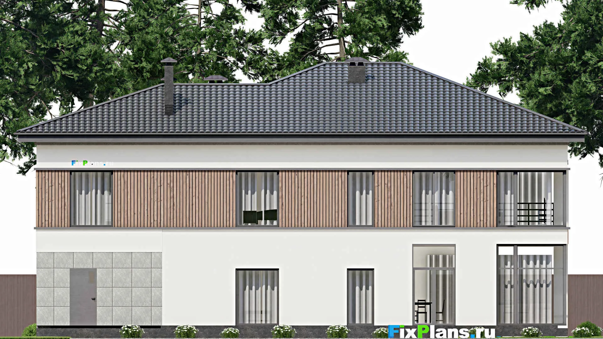 F-5210 - Планы двухэтажного дома 15 на 20, площадью 460 м² с балконом, гаражом на 1 машину, спортзалом и 1 спальнями