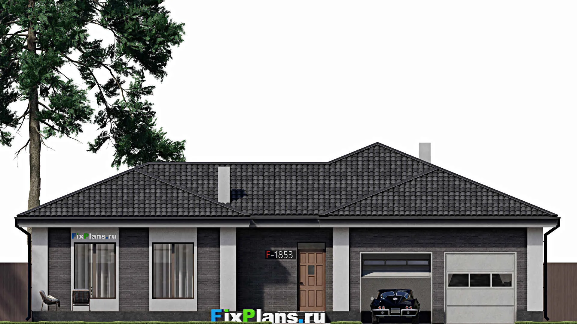 F-1853 - План одноэтажного дома 17 на 18, площадью 280 м² с террасой, гаражом на 2 машины и 3 спальнями