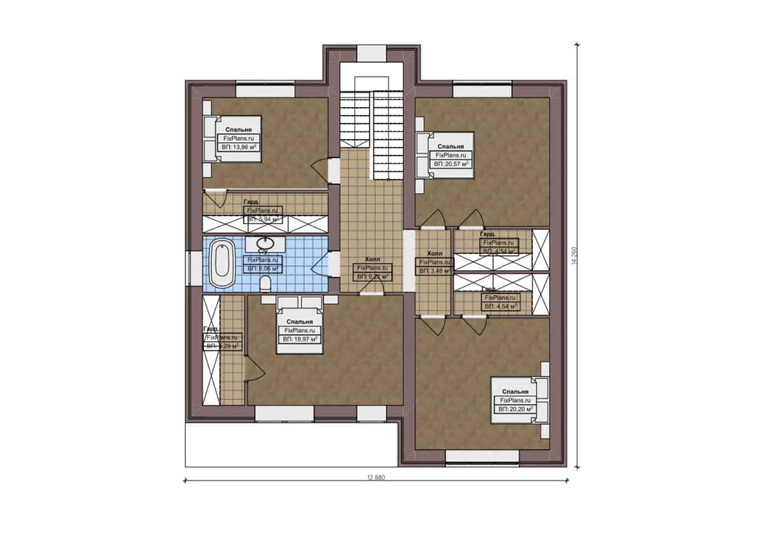 F-1916 - Планы двухэтажного дома 13 на 14, площадью 280 м² с террасой и 5 спальнями