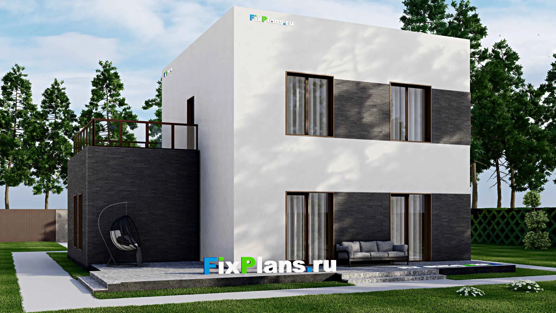 F-8153 - Проект двухэтажного дома 14 на 14, площадью 240 м² с террасой, балконом, гаражом на 1 машину и 3 спальнями