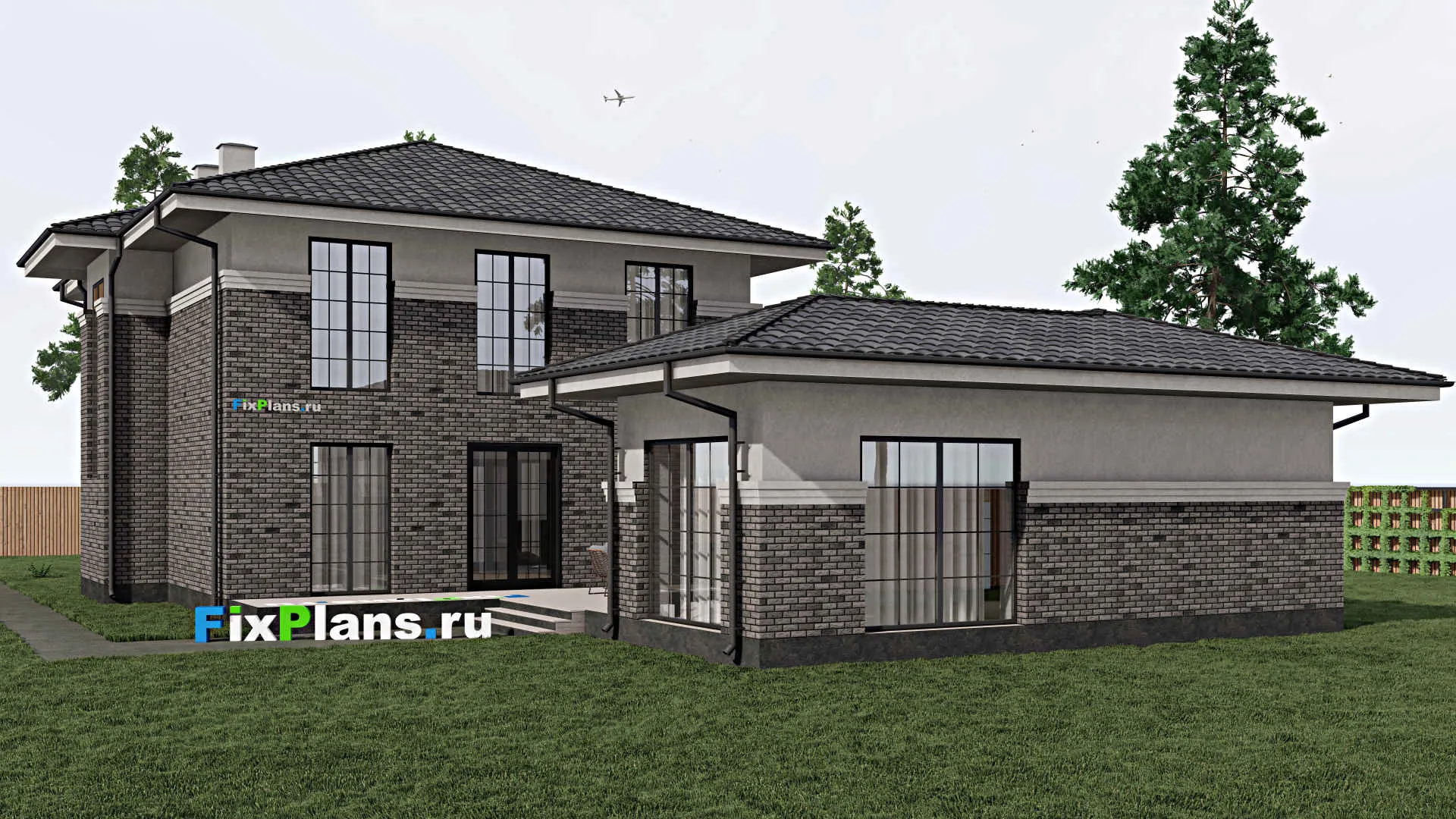 F-0431 - Проект двухэтажного дома 17 на 27, площадью 380 м² с террасой, гаражом на 1 машину, бассейном и 5 спальнями