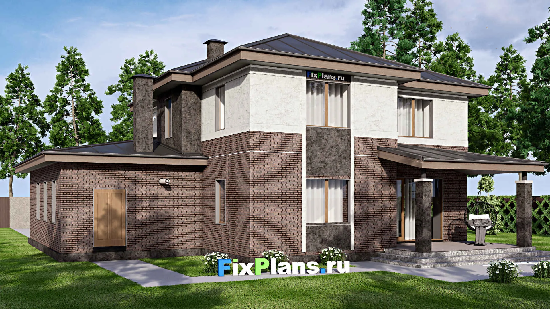 F-12941 - Проект двухэтажного дома 17 на 17, площадью 260 м² с террасой, гаражом на 1 машину и 4 спальнями