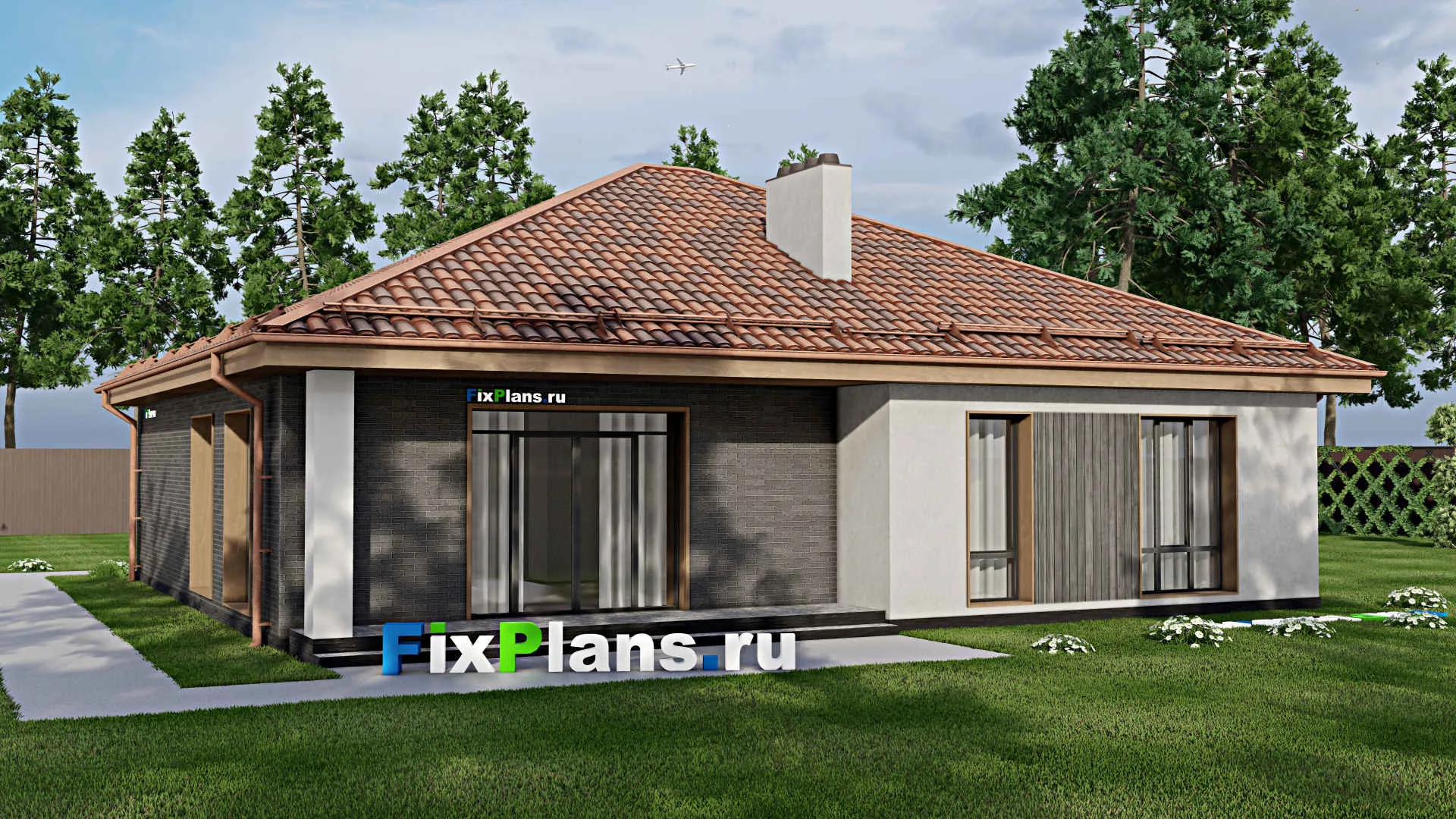 F-8009 - Проект одноэтажного дома 14 на 16, площадью 170 м² с террасой, гаражом на 2 машины и 2 спальнями