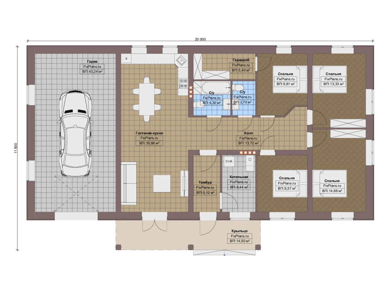 F-13670 - План одноэтажного дома 12 на 20, площадью 180 м² с гаражом на 2 машины и 4 спальнями