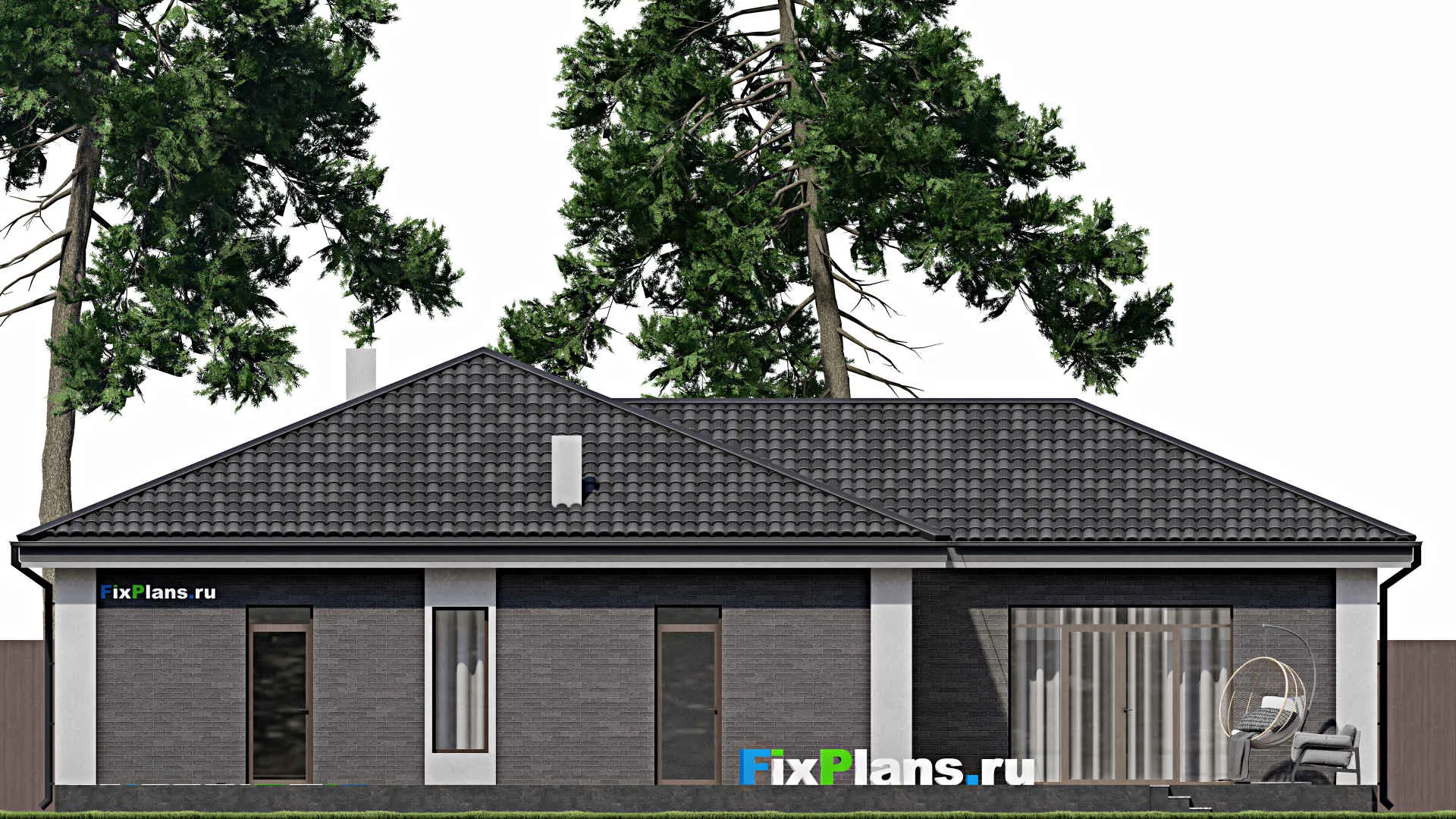 F-1853 - План одноэтажного дома 17 на 18, площадью 280 м² с террасой, гаражом на 2 машины и 3 спальнями