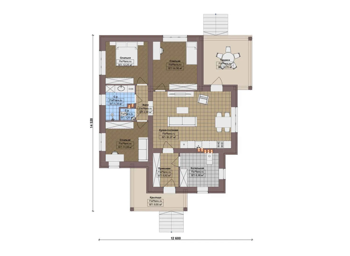F-20771 - План одноэтажного дома 13 на 15, площадью 120 м² с террасой и 3 спальнями