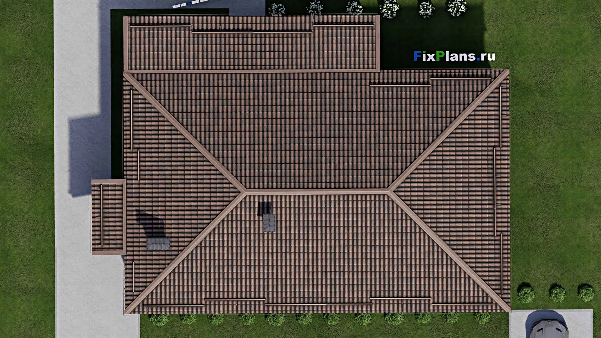 F-8747 - Проект одноэтажного дома 14 на 18, площадью 180 м² с террасой и 5 спальнями