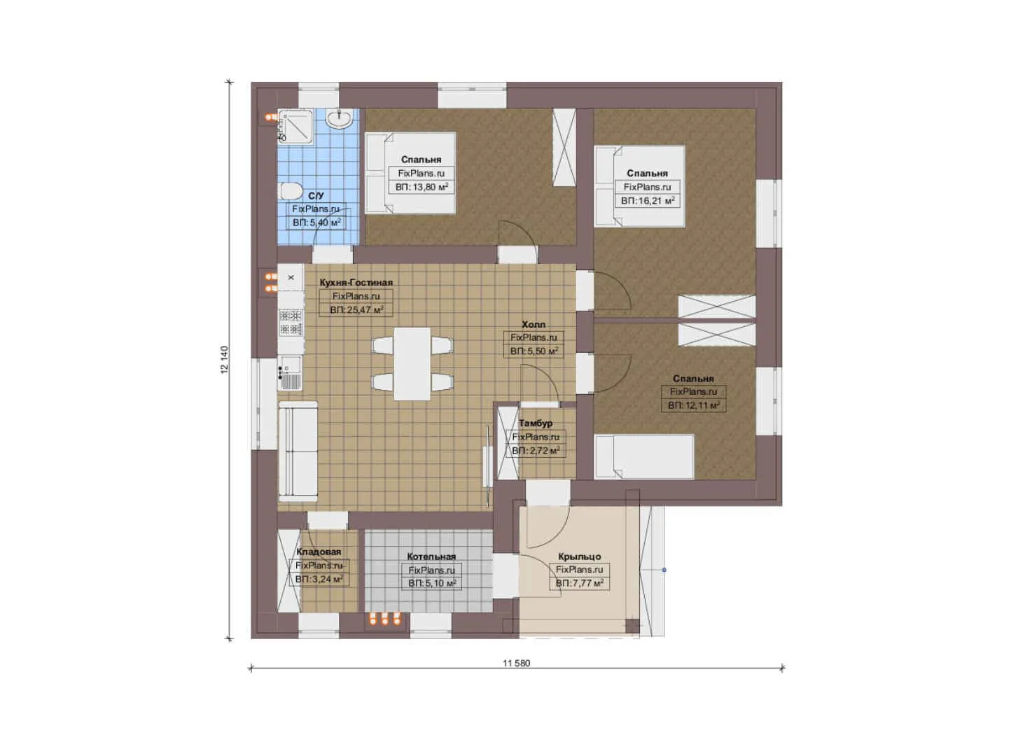 F-19340 - План одноэтажного дома 12 на 13, площадью 100 м² с 3 спальнями