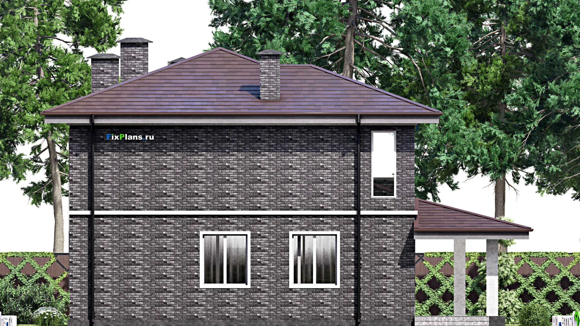 F-9521 - Проект двухэтажного дома 15 на 17, площадью 290 м² с террасой, балконом, баней, гаражом на 1 машину и 3 спальнями