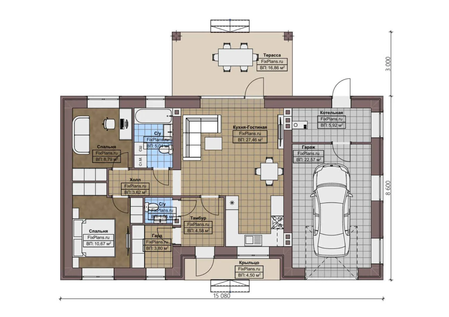 F-1169 - План одноэтажного дома 9 на 16, площадью 120 м² с террасой, гаражом на 1 машину и 2 спальнями