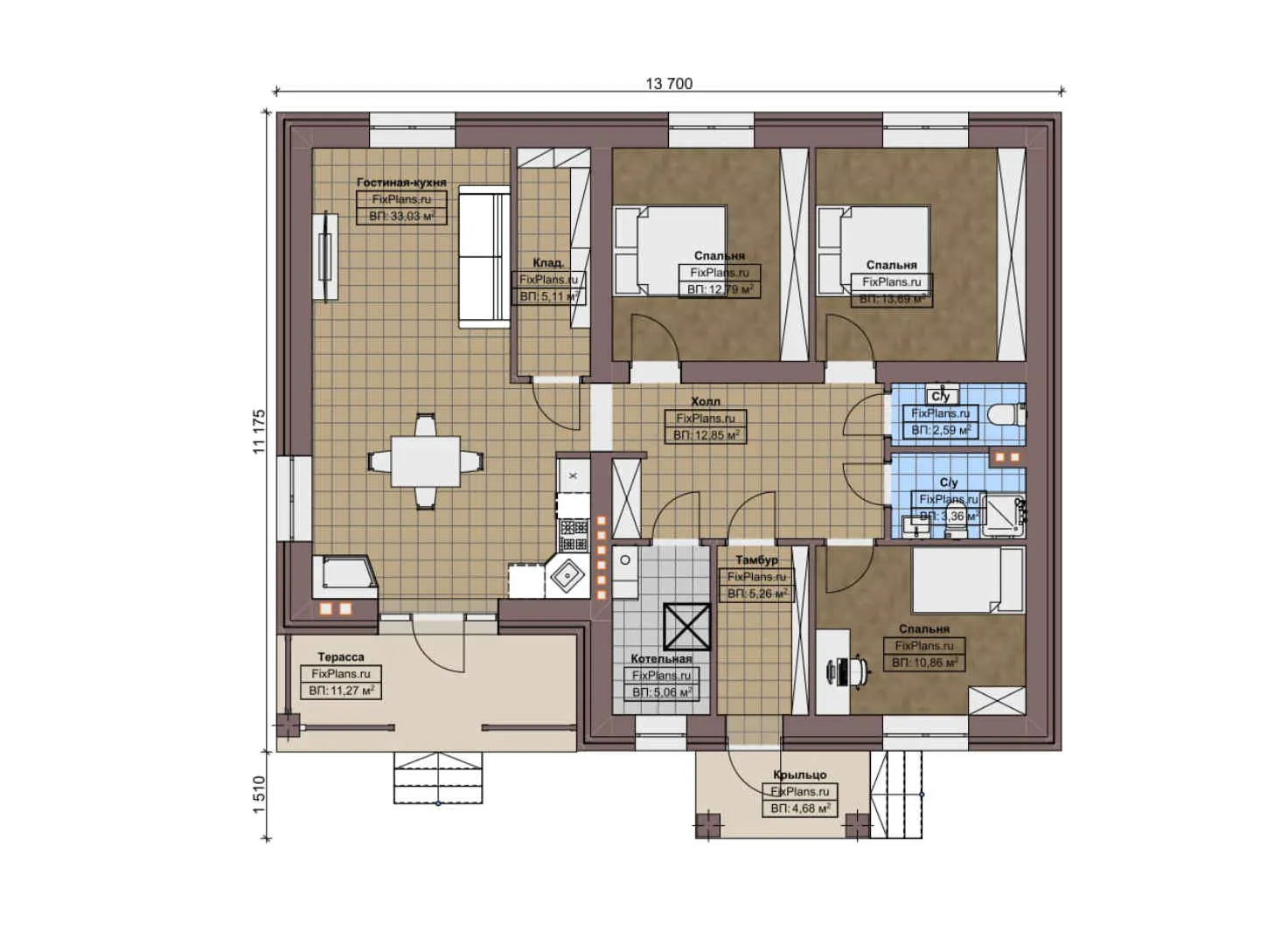 F-5489 - План одноэтажного дома 12 на 14, площадью 130 м² с террасой и 3 спальнями