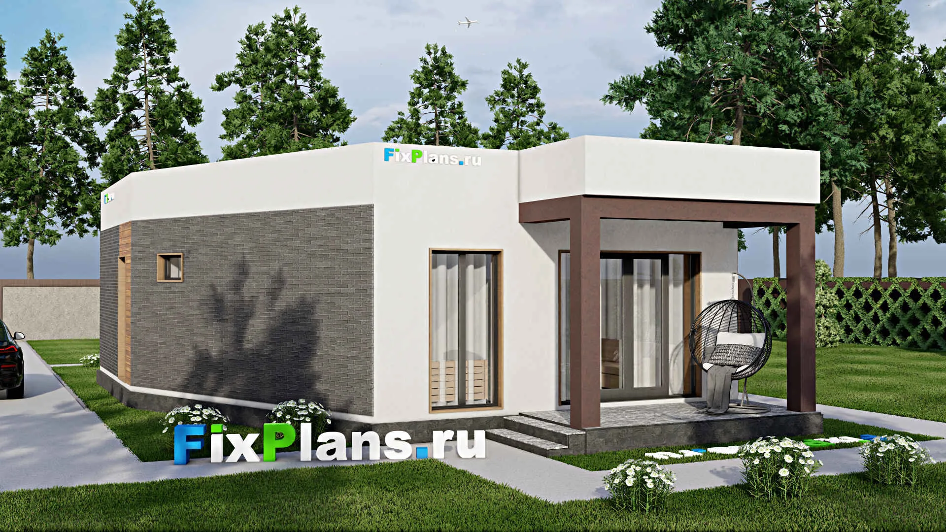 F-11204 - План одноэтажного дома 9 на 15, площадью 90 м² с террасой и 2 спальнями