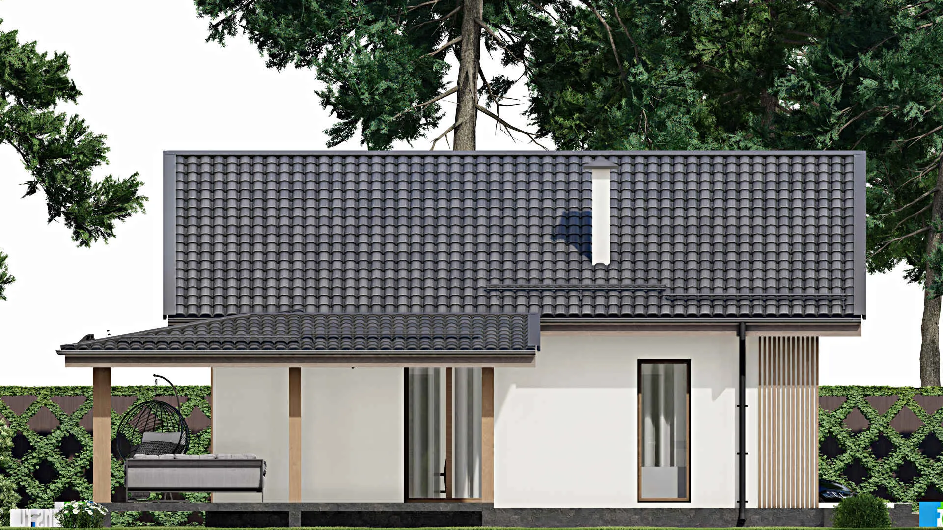 F-3860 - Проект одноэтажного дома 11 на 11, площадью 120 м² с террасой и 3 спальнями