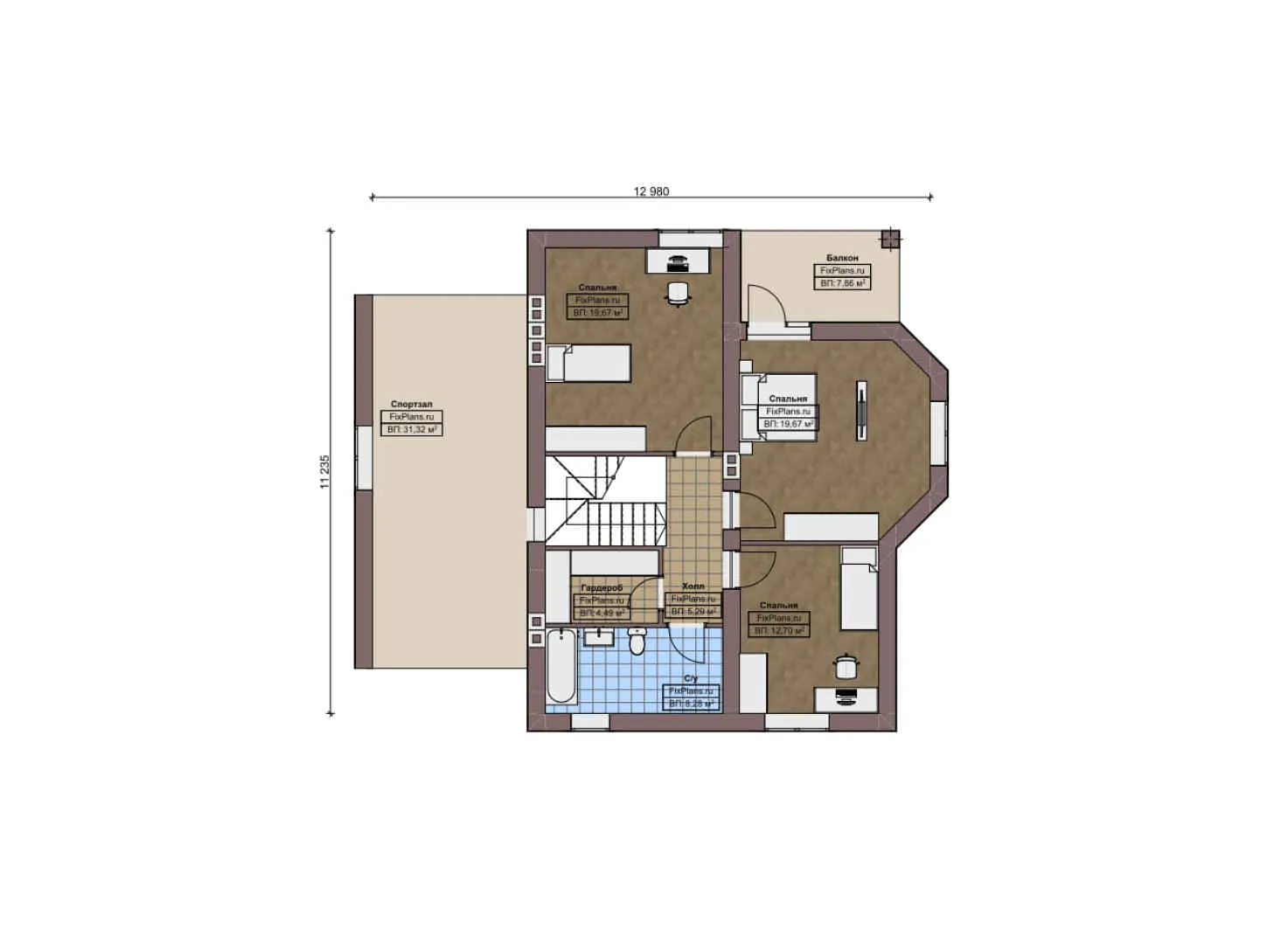 F-8783 - Планы дома с мансардой 14 на 16, площадью 250 м² с террасой, балконом, гаражом на 1 машину, спортзалом и 4 спальнями