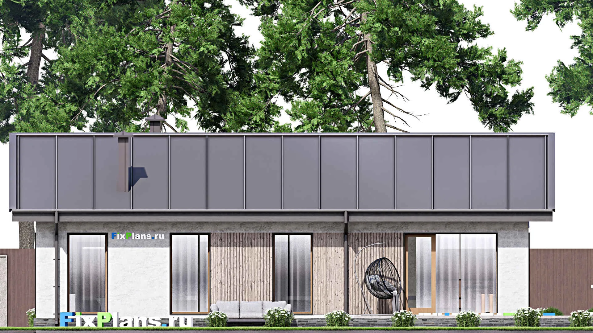 F-12599 - Проект одноэтажного дома 12 на 18, площадью 130 м² с террасой, баней и 3 спальнями