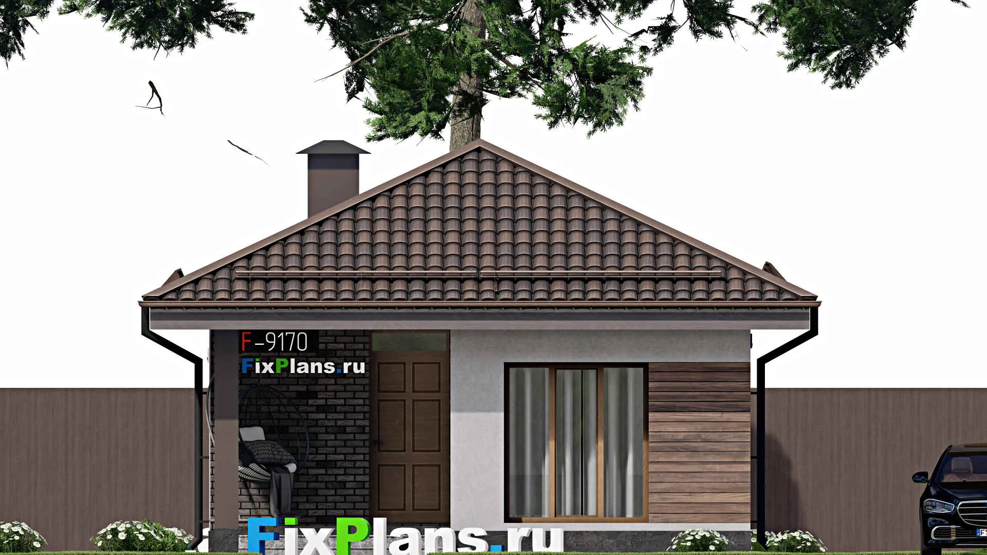 F-9170 - Проект бани 7 на 7, площадью 40 м² с комнатой отдыха, терассой и санузлом