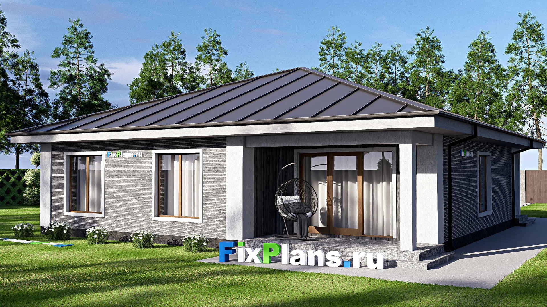 F-18593 - План одноэтажного дома 14 на 15, площадью 160 м² с террасой и 3 спальнями