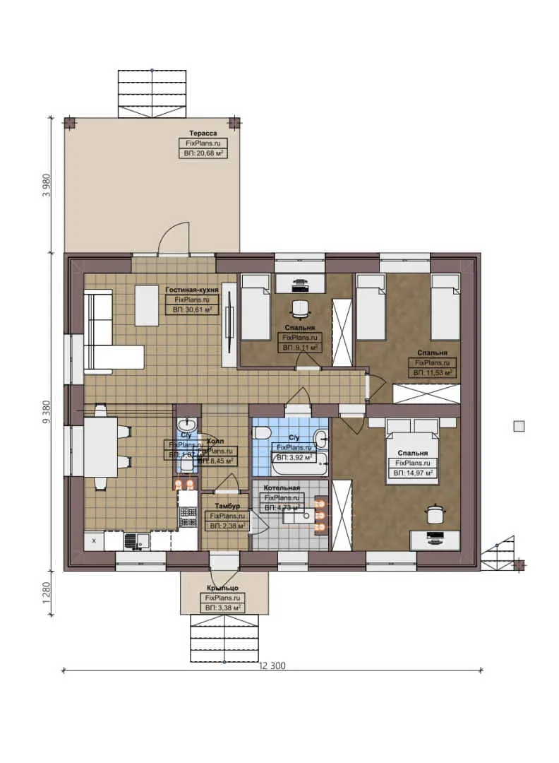 F-4175 - План одноэтажного дома 10 на 13, площадью 120 м² с террасой и 3 спальнями