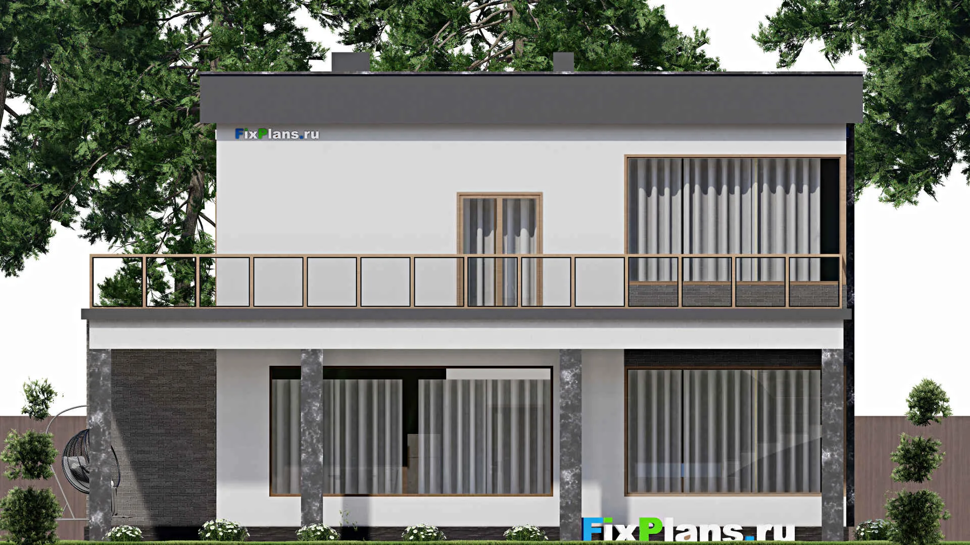 F-8855 - Проект двухэтажного дома 14 на 24, площадью 440 м² с террасой, балконом, гаражом на 2 машины и 6 спальнями