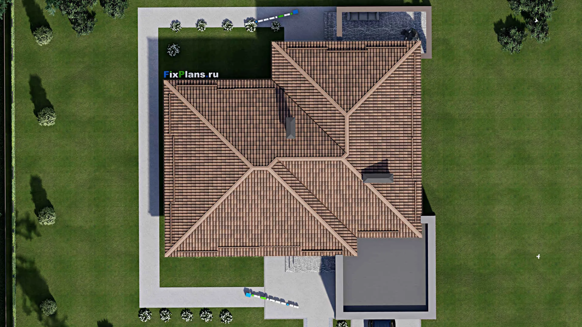 F-9026 - Проект одноэтажного дома 19 на 24, площадью 240 м² с террасой, гаражом на 2 машины и 3 спальнями