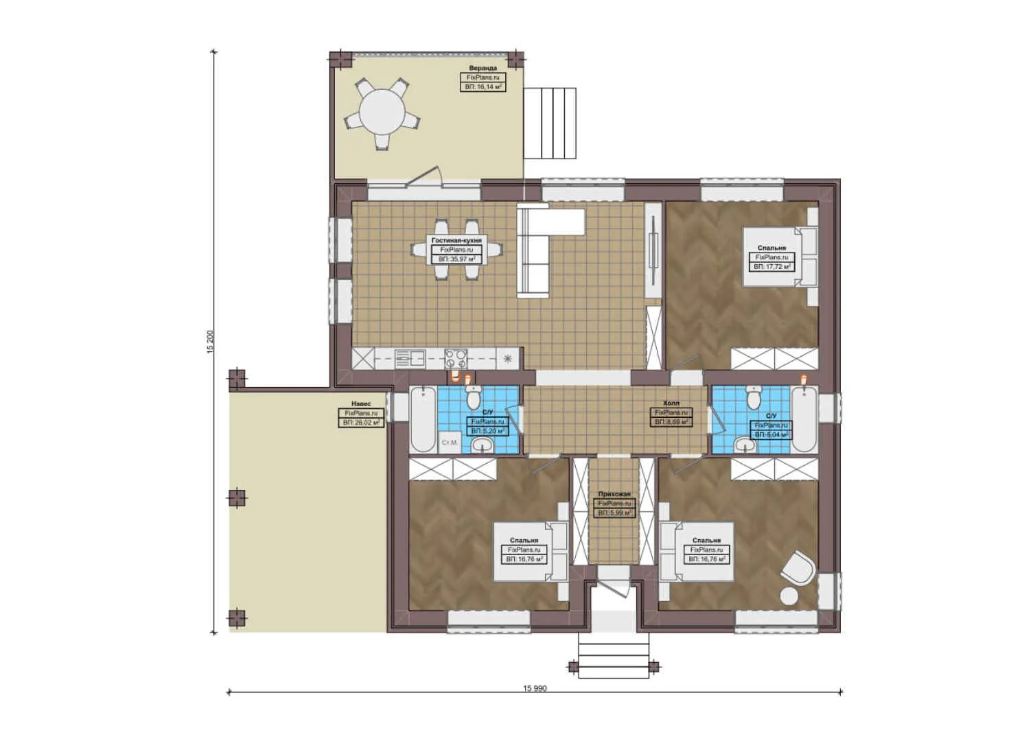 F-0098 - План одноэтажного дома 16 на 16, площадью 160 м² с террасой и 3 спальнями