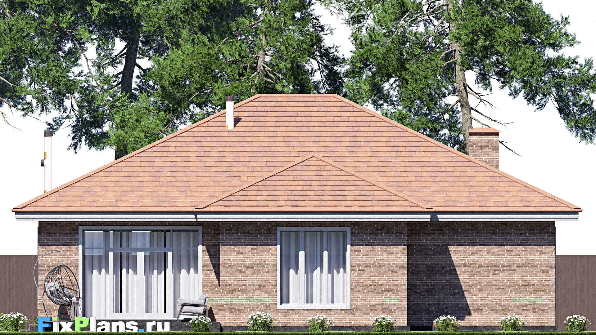 F-20132 - Проект одноэтажного дома 16 на 24, площадью 230 м² с террасой, гаражом на 1 машину и 3 спальнями