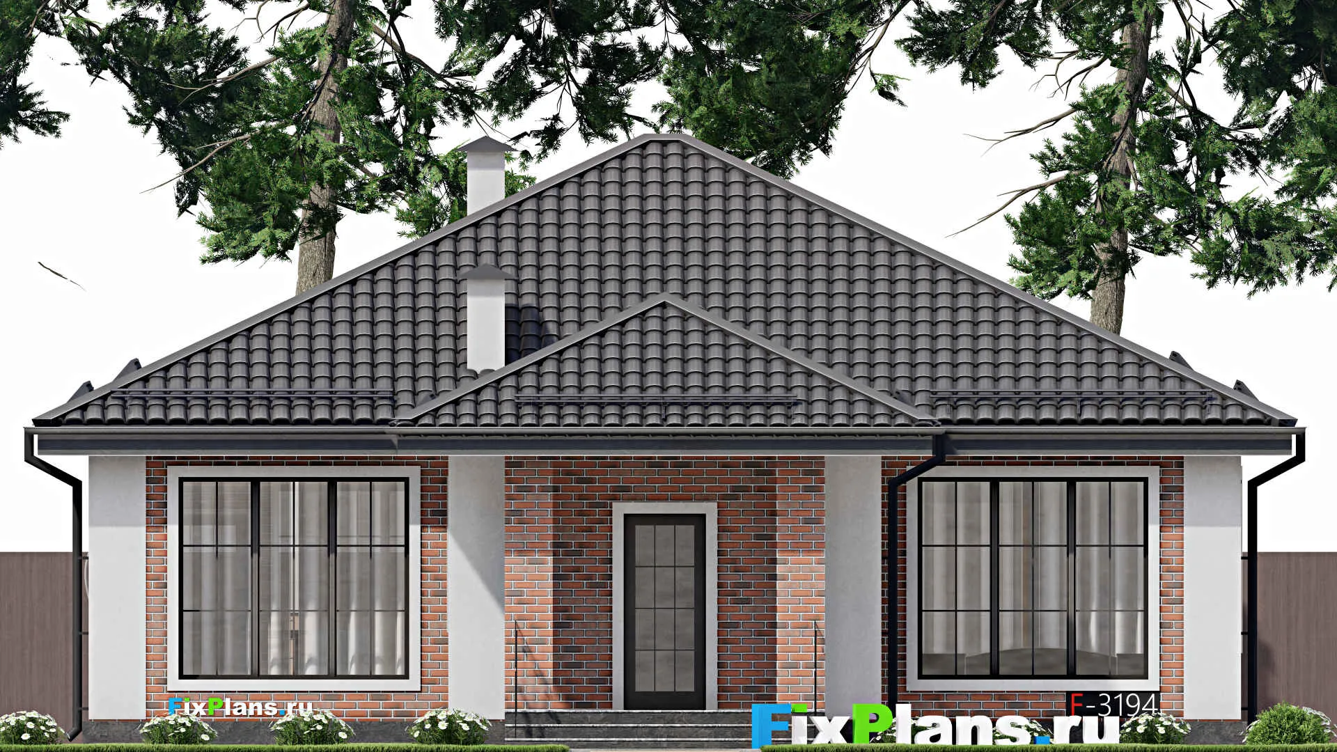 F-3194 - Проект одноэтажного дома 13 на 14, площадью 140 м² с террасой и 3 спальнями