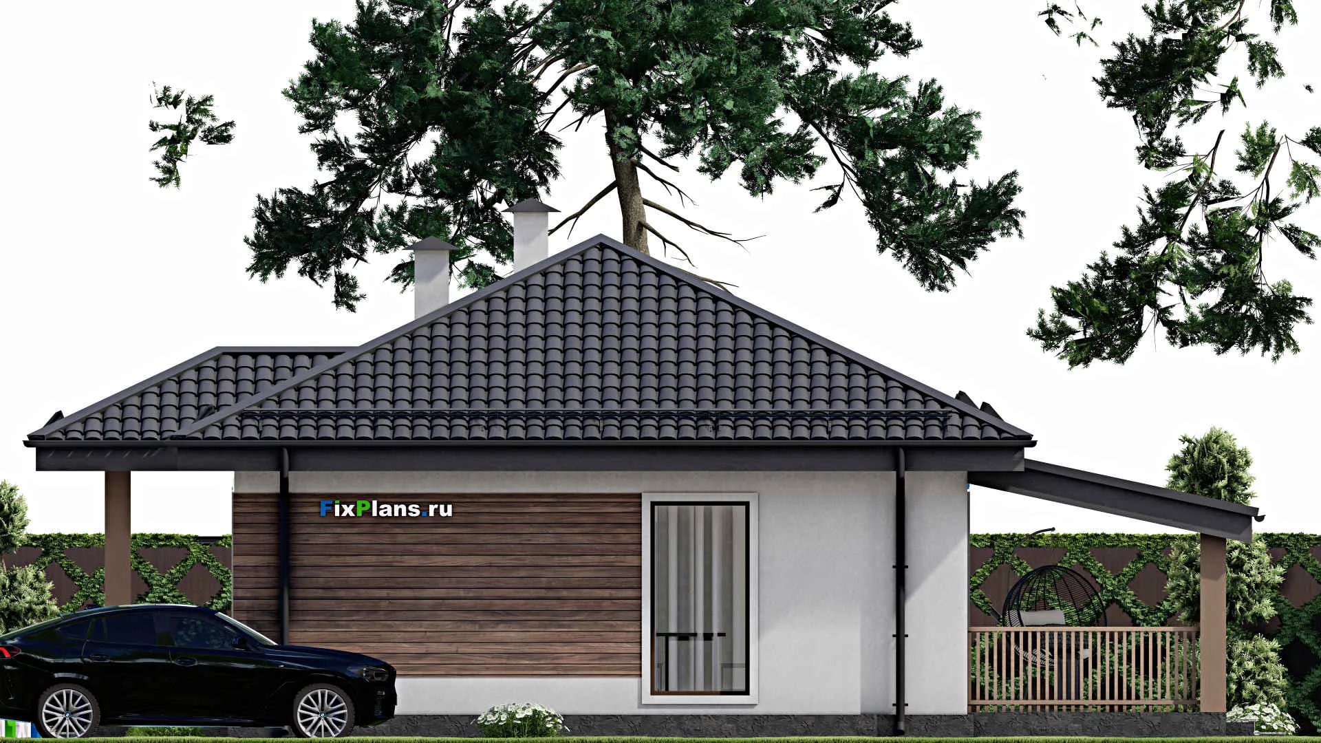 F-9683 - Проект одноэтажного дома 13 на 13, площадью 100 м² с террасой и 3 спальнями