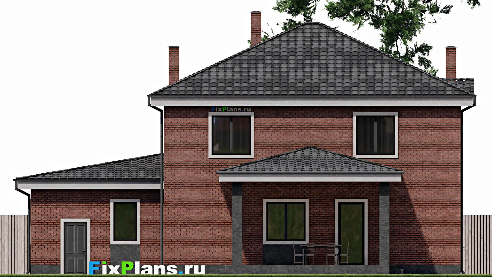 F-1493 - Проект двухэтажного дома 13 на 17, площадью 260 м² с террасой, баней, гаражом на 1 машину и 3 спальнями