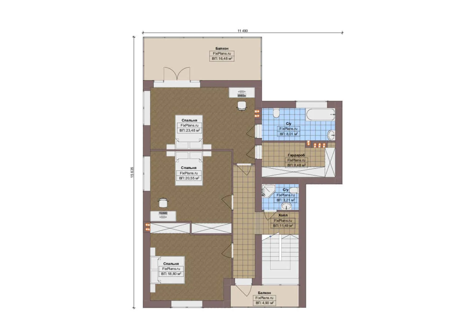 F-13301 - Планы двухэтажного дома 16 на 16, площадью 280 м² с террасой, балконом, гаражом на 2 машины и 4 спальнями