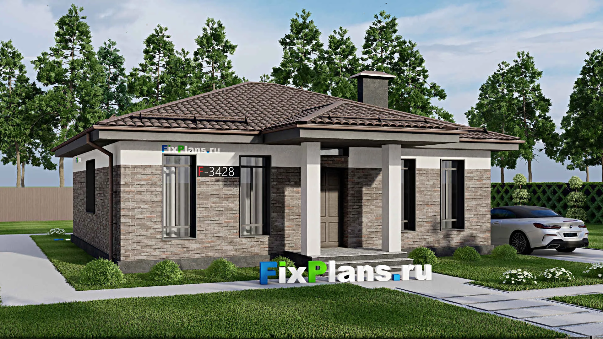 F-3428 - Проект одноэтажного дома 11 на 12, площадью 120 м² с террасой и 3 спальнями