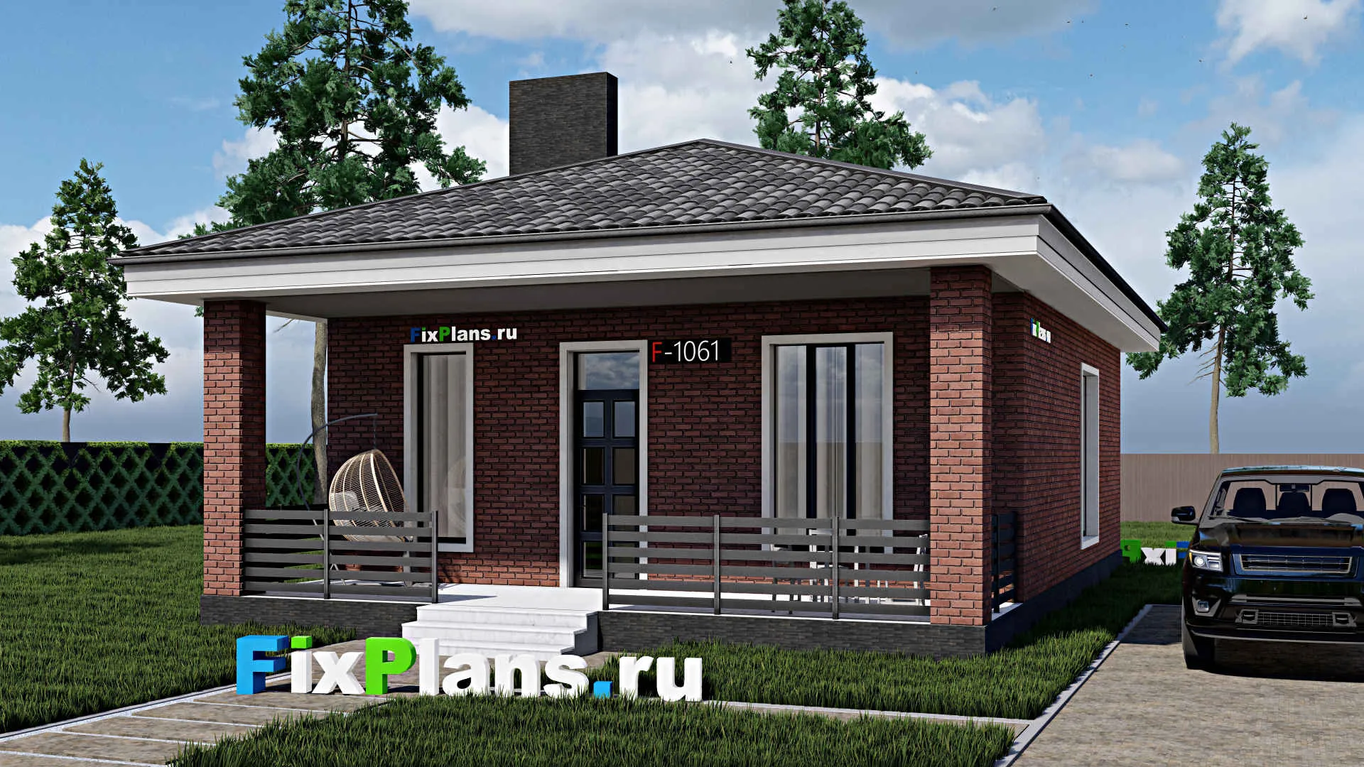 F-1061 - Проект одноэтажного дома 10 на 11, площадью 100 м² с террасой и 1 спальнями
