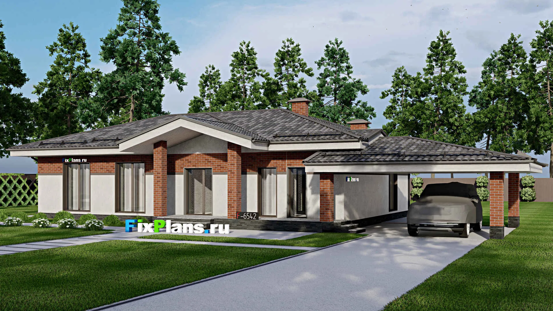 F-6542 - Проект одноэтажного дома 17 на 17, площадью 270 м² с террасой и 3 спальнями