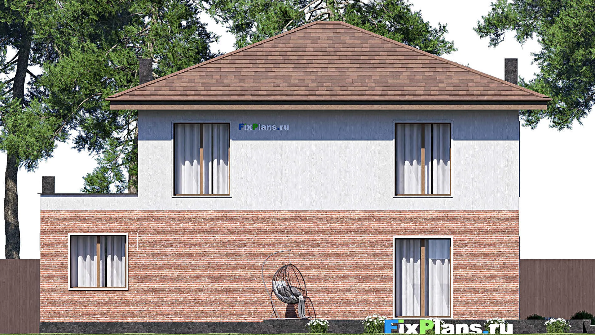 F-18827 - Проект двухэтажного дома 16 на 17, площадью 310 м² с террасой, баней, гаражом на 2 машины и 3 спальнями