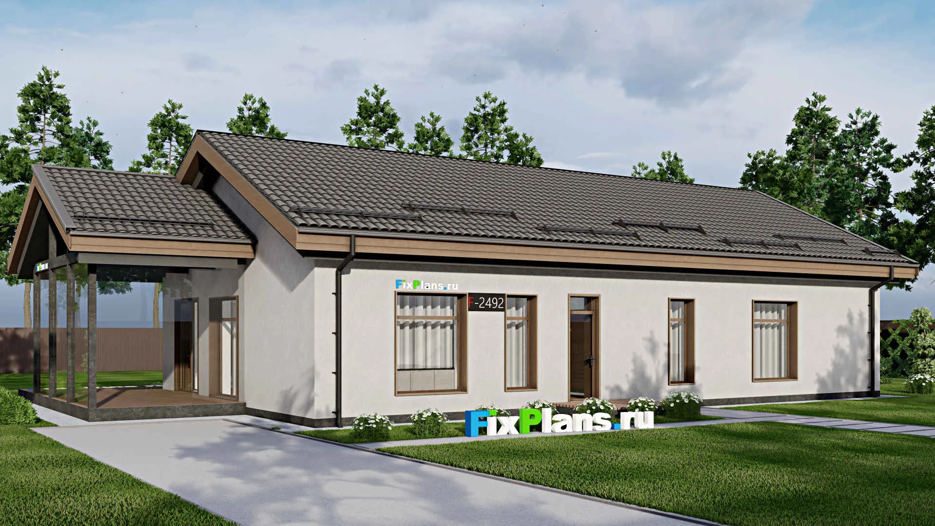 F-2492 - Проект одноэтажного дома 11 на 19, площадью 240 м² с террасой и 3 спальнями