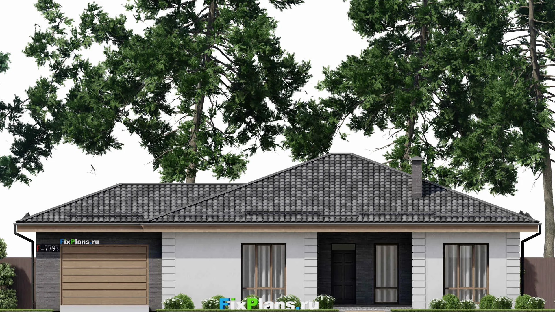 F-7793 - Проект одноэтажного дома 14 на 20, площадью 190 м² с террасой, гаражом на 1 машину и 3 спальнями