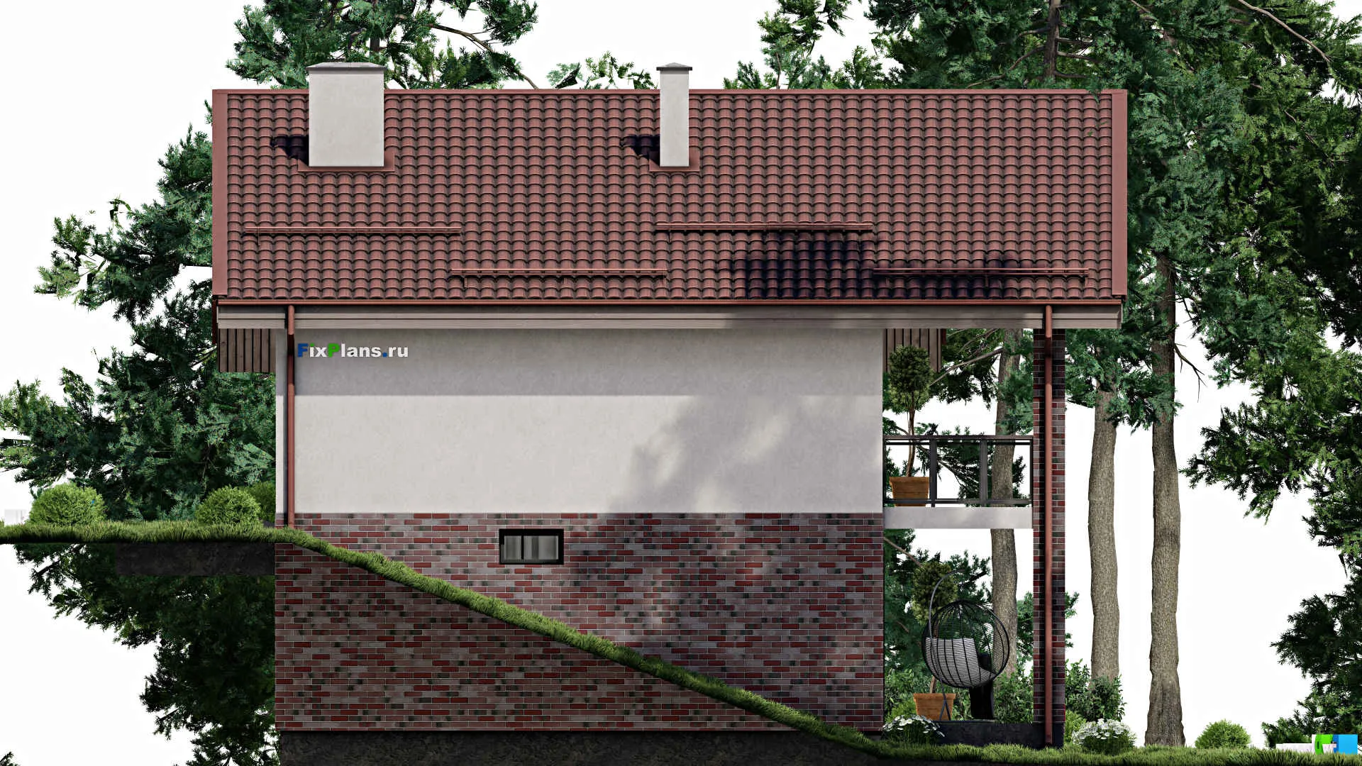 F-2033 - Проект одноэтажного дома 11 на 15, площадью 190 м² с террасой, цокольным этажом и 3 спальнями