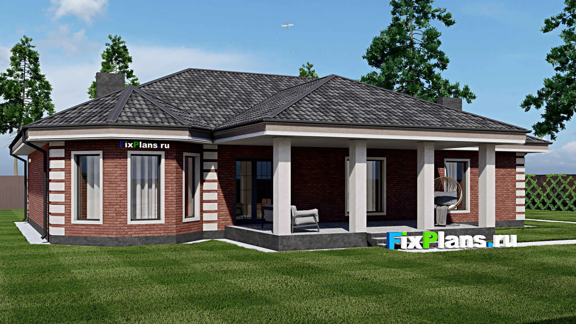 F-1358 - Проект одноэтажного дома 13 на 20, площадью 240 м² с террасой, гаражом на 1 машину и 2 спальнями